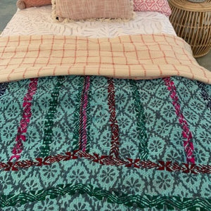 Vintage Kantha Quilt blue with embroidery W11